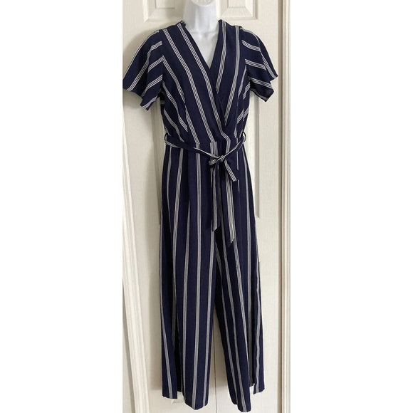 Monteau Los Angeles Sz M Blue White Stripe Casual/Lounge Jumpsuit Slit Wide Leg - Picture 9 of 10
